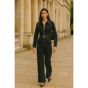 Vintage front zip tie waist jumpsuit in mid wash COLOUR: Dark wash size S